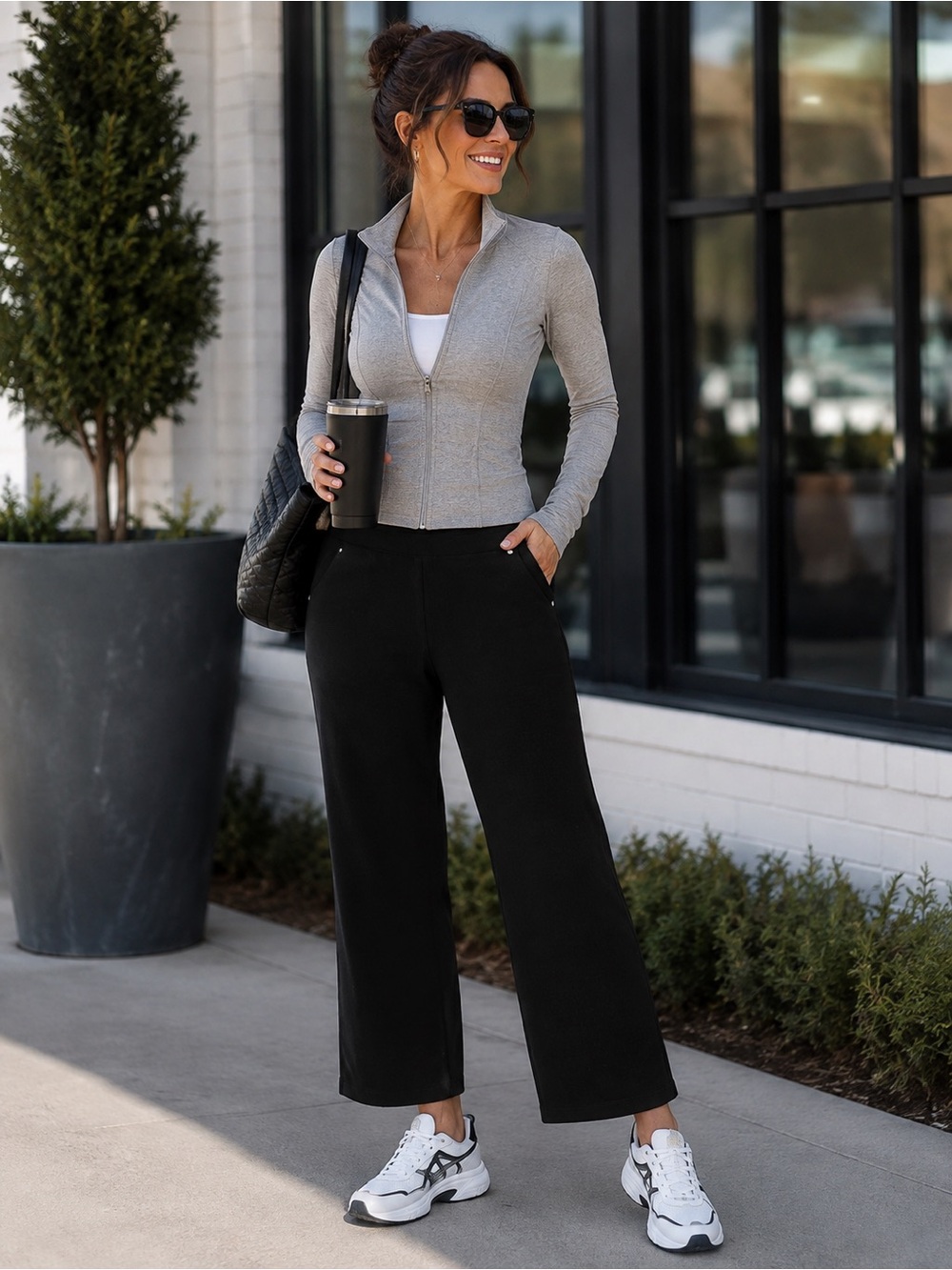 LIZWEAR Women's Classic Casual Black Stretch Knit Wide Leg Pants XL